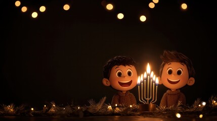 Two children are smiling and holding a candle in front of a dark background. Scene is warm and joyful, as the children seem to be enjoying the moment