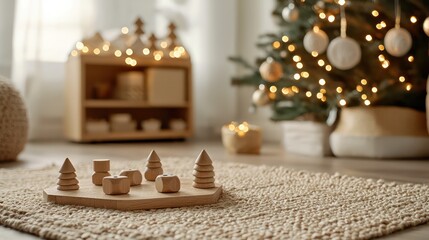 Aufkleber - A wooden toy set is on a rug in front of a Christmas tree. The scene is cozy and festive, with the toy set and tree creating a warm and inviting atmosphere
