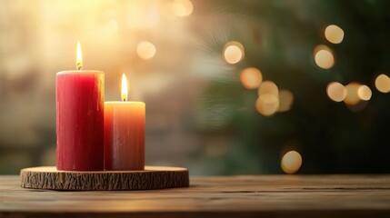 Poster - Two candles on a wooden table with a green background. The candles are lit and the scene has a warm and cozy atmosphere