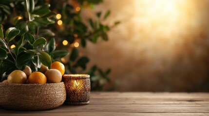 Poster - A basket of oranges and a candle are on a wooden table. The scene has a warm and cozy atmosphere, with the oranges and candle creating a sense of comfort and relaxation