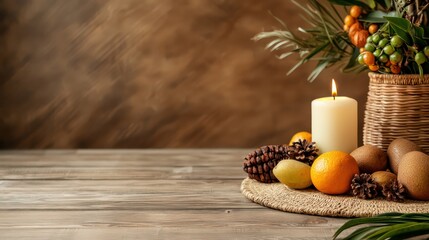 Wall Mural - A table with a candle and fruit on it. The candle is lit and the fruit includes oranges and apples. The table is on a wooden surface