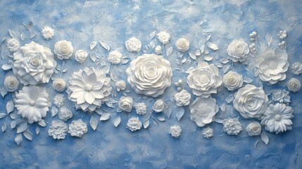 Wall Mural - A stunning blue and white stucco wallpaper with white floral and ornamental designs