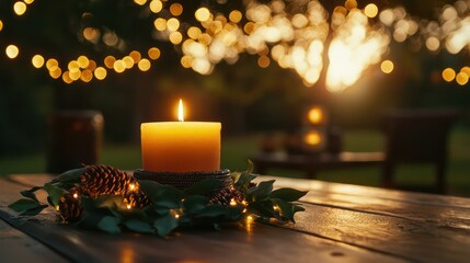 Poster - A candle is lit on a table with a wreath of pine cones. The candle is surrounded by the pine cones, creating a warm and cozy atmosphere. The scene is set outdoors, with the sun shining