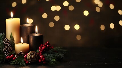 Poster - A candle display with three candles and some berries. Scene is warm and cozy, perfect for a holiday celebration