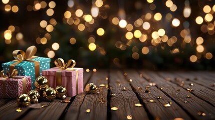 Poster - A wooden table with three presents on it and a bunch of gold balls. Scene is festive and celebratory