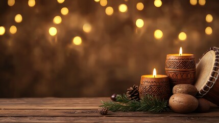 Wall Mural - A wooden table with two candles and some nuts on it. The candles are lit and the nuts are scattered around them. The scene has a warm and cozy atmosphere, perfect for a relaxing evening at home