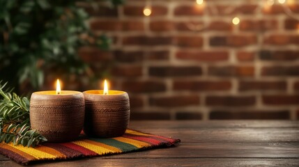 Poster - Two candles are lit on a wooden table. The candles are placed on a colorful rug. The scene has a warm and cozy atmosphere