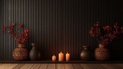 Poster - A black wall with two vases on a shelf and candles in them. The candles are lit and the vases are filled with flowers. The scene has a warm and cozy atmosphere