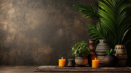 Poster - A wall with a brown background and a bunch of vases and candles on a rug. The vases are of different shapes and sizes, and the candles are yellow. Scene is warm and inviting, with the candles