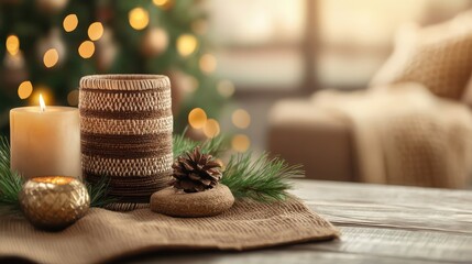 Aufkleber - A candle and pine cone are on a table in front of a Christmas tree. The candle is lit and the pine cone is placed on top of a rock. The scene is cozy and warm, with the candle providing a soft glow