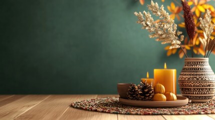 Poster - A table with a vase of flowers and candles, and a bowl of pumpkins. Scene is warm and cozy, perfect for the fall season