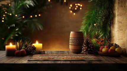 Poster - A table with candles, a vase, and fruit. The candles are lit and the vase is filled with pinecones. The table is set for a festive occasion, possibly a holiday dinner