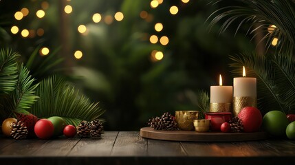 A table with candles and fruit on it. The candles are lit and the fruit is green and red. Scene is festive and warm