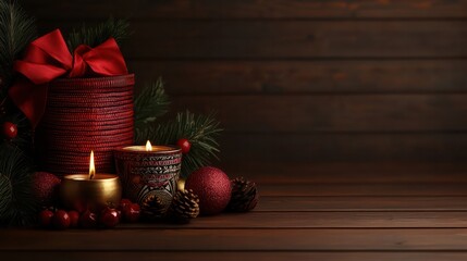 Aufkleber - A red basket with a red bow on top of it is filled with candles and pine cones. The scene is festive and cozy, with the candles