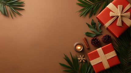 Poster - A red box with a gold ribbon sits on a table next to a candle and pine cones. The scene is set in a warm, cozy atmosphere, perfect for the holiday season