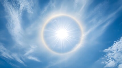 a bright sun surrounded by a halo against a clear blue sky, evoking feelings of warmth and tranquili