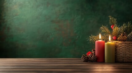 Poster - A green wall with a basket of candles on it. The candles are lit and the basket is on a wooden table