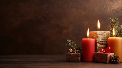 Aufkleber - A table with candles and presents on it. The candles are lit and the presents are wrapped in red paper. Scene is warm and festive, as it is a Christmas scene
