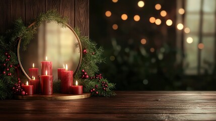 Aufkleber - A wreath of red candles sits on a wooden table. The candles are lit and the wreath is surrounded by green leaves. The scene is warm and cozy, evoking a sense of holiday cheer and relaxation