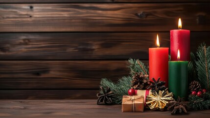 Poster - A wooden background with three lit candles and pine cones. The candles are red, green, and yellow