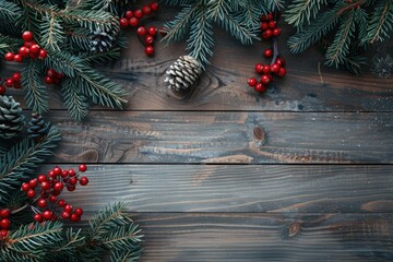 Aufkleber - A wooden table decorated with pine cones and red berries, perfect for rustic or nature-themed designs
