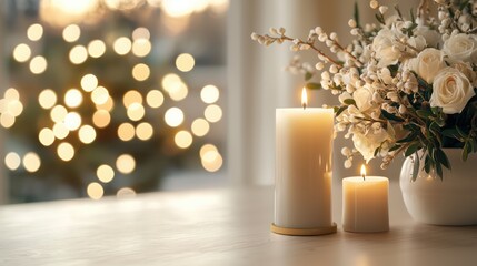 Aufkleber - A table with two candles and a vase of flowers. The scene is warm and inviting, creating a cozy atmosphere