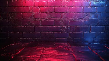 Wall Mural - ethereal neon glow on raw brick walls creating a mesmerizing interplay of red and blue light textured surface with shadows and highlights