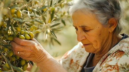 An elderly woman carefully harvests olives from a tree in a sunlit orchard, showcasing traditional farming practices and a connection to nature. 