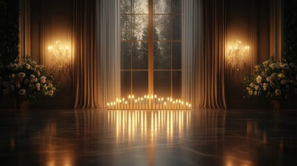 Poster - A room with a window and a curtain. The curtain is open and the room is lit up with candles