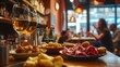 © Athena - A traditional Spanish tapas bar with small plates of patatas bravas, jamón ibérico, and a glass of sangria, with lively conversation in the background. A beautifully arranged table featuring two glass