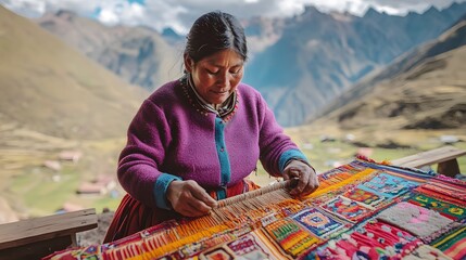 A skilled artisan creates vibrant textiles in the picturesque Andes mountains, showcasing traditional craftsmanship and cultural heritage. 