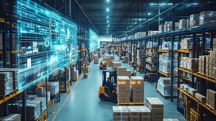 A modern warehouse interior featuring automated storage solutions and a forklift navigating through neatly organized pallets, showcasing advanced logistics technology. 