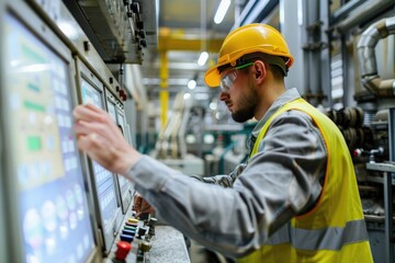 Poster - Worker in protective gear operates machinery