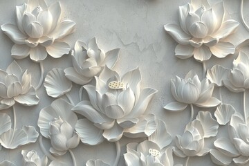 Wall Mural - Arrangement of white flowers in Stucco Relief with daisies, roses, and other flowers