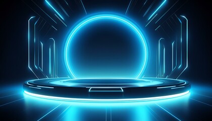 Wall Mural - Futuristic teleport platform with neon blue circles and beams on black background.