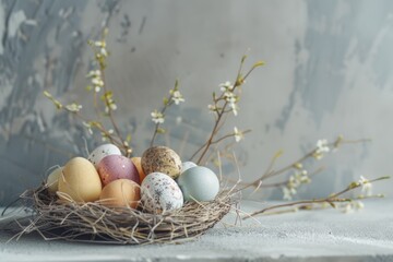 Poster - A cozy nest filled with eggs and surrounded by fresh flowers sitting on a table