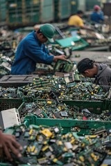 Poster - Group of technicians working on electronic components with various tools and equipment