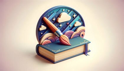 Wall Mural - 3D Flat Icon of Book and Paintbrush Concept Against Dreamy Background Symbolizing Academic and Artistic Education | Isolated on White