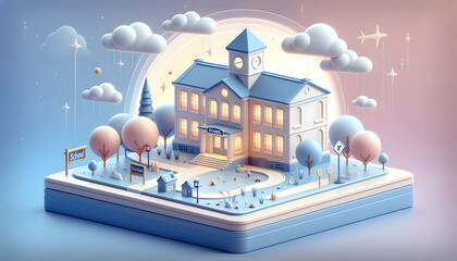 3D Flat Icon School Building and Principal s Office Concept: Whimsical Educational Institution Leadership Symbol with Dreamy Background   Isolated White Background