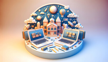 Poster - 3D Flat Icon: School Computer Lab and Laptop Concept in Dreamy Setting for Modern Education Integration   Isolated White Background