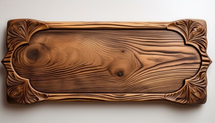 Rectangular ornamental rural wooden plaque crafted from organic timber and separated on a blank backdrop.