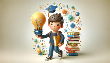 Poster - 3D Flat Icon: Student with Books and Lightbulb Concept Sparking Ideas and Innovation in Education on Whimsical Background   Isolated White