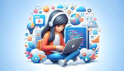 Poster - 3D Flat Icon of Student with Laptop and Coding Book Concept for Modern Education   Whimsical Background for Technology Integration, Isolated on White   Adobe Stock