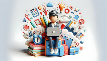 Poster - 3D Flat Icon: Student with School Supplies and Laptop Concept   Modern Education Symbol with Whimsical Background, Ample Space for TextGraphics, Isolated on White