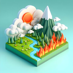 3D Flat Icon of Wildfire and Green Meadow: Climate Change Symbol with Nature s Resilience