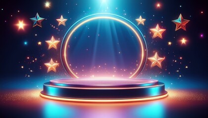 Wall Mural - Shiny platform with star design. Abstract award stage featuring neon circle border and glimmering confetti, perfect for showcasing products.