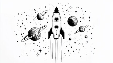 Poster - Rocket Ship Flying Through Space with Planets and Stars