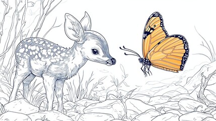 Poster - Deer and Butterfly in Forest.