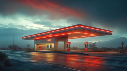 futuristic electric vehicle charging station on desolate highway sleek design contrasting barren landscape dramatic sky with approaching storm symbol of sustainable technology