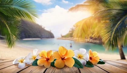 Wall Mural - Summer promotion design featuring tropical flowers, palm leaves, and a rustic wooden background on an island setting, with a special offer for a beach vacation.